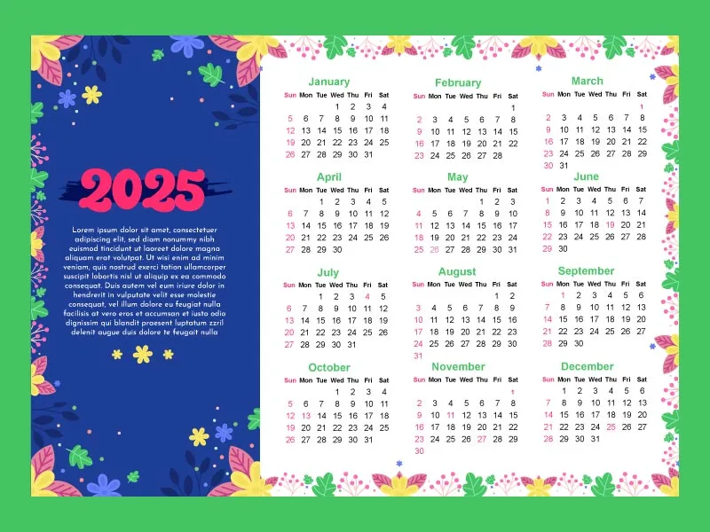 Floral Wreath green 2025 Calendar Template